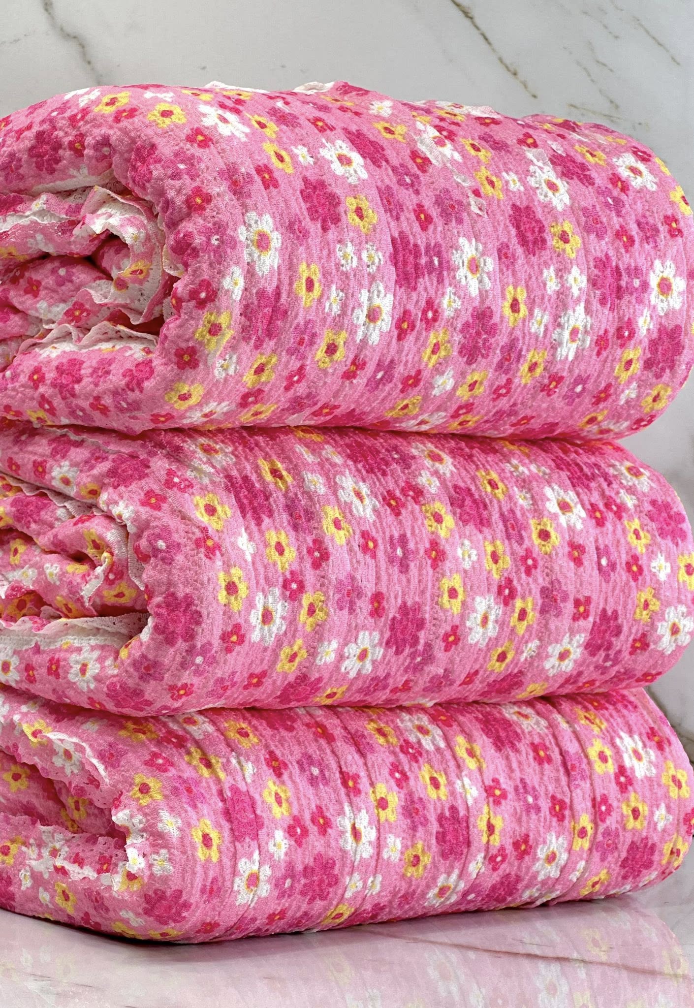 (RUFFLE LACE) YELLOW, PINK AND OFF WHITE TINY FLOWERS ON PINK