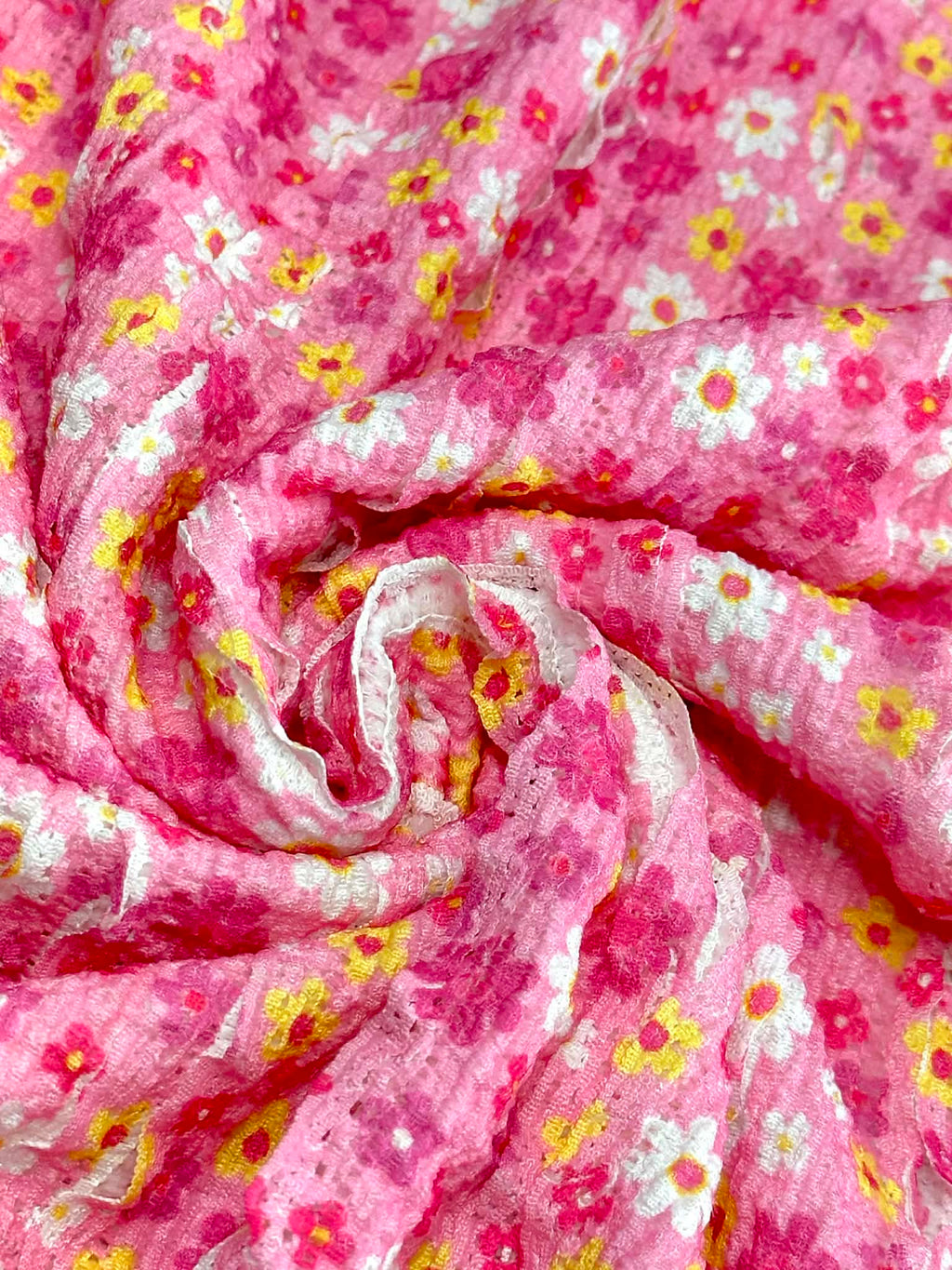 (RUFFLE LACE) YELLOW, PINK AND OFF WHITE TINY FLOWERS ON PINK