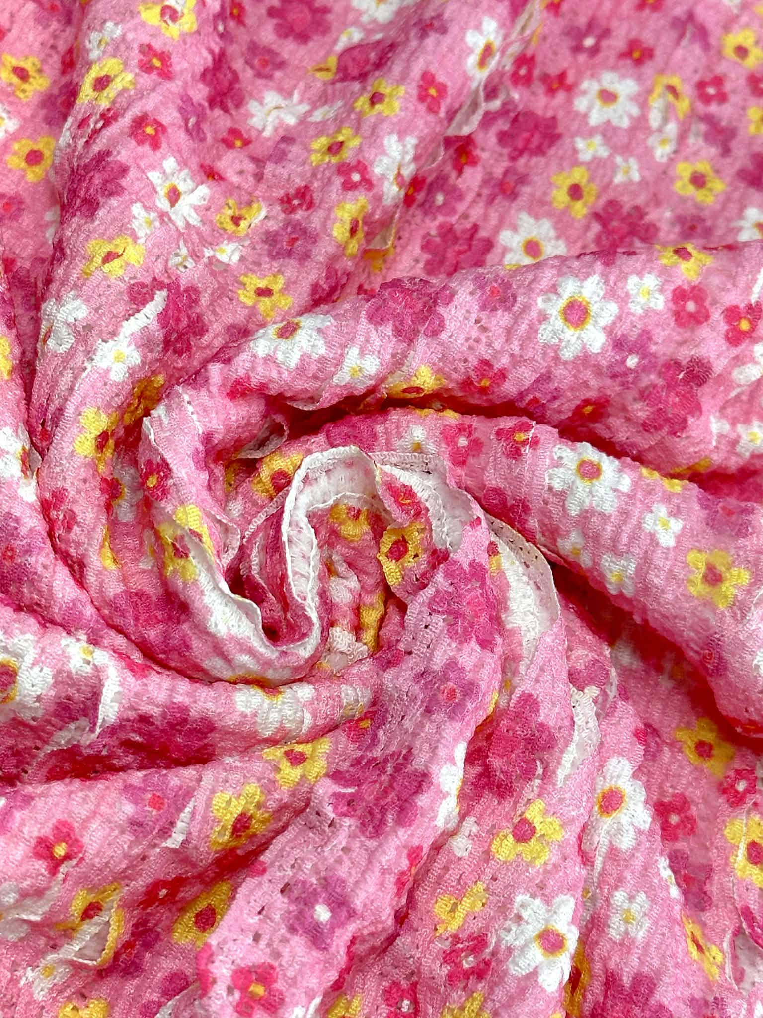 (RUFFLE LACE) YELLOW, PINK AND OFF WHITE TINY FLOWERS ON PINK