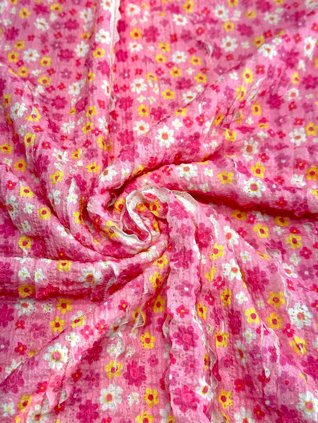 (RUFFLE LACE) YELLOW, PINK AND OFF WHITE TINY FLOWERS ON PINK