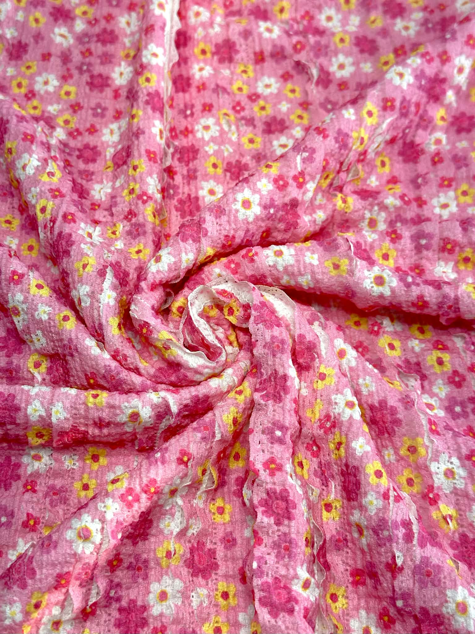 (RUFFLE LACE) YELLOW, PINK AND OFF WHITE TINY FLOWERS ON PINK
