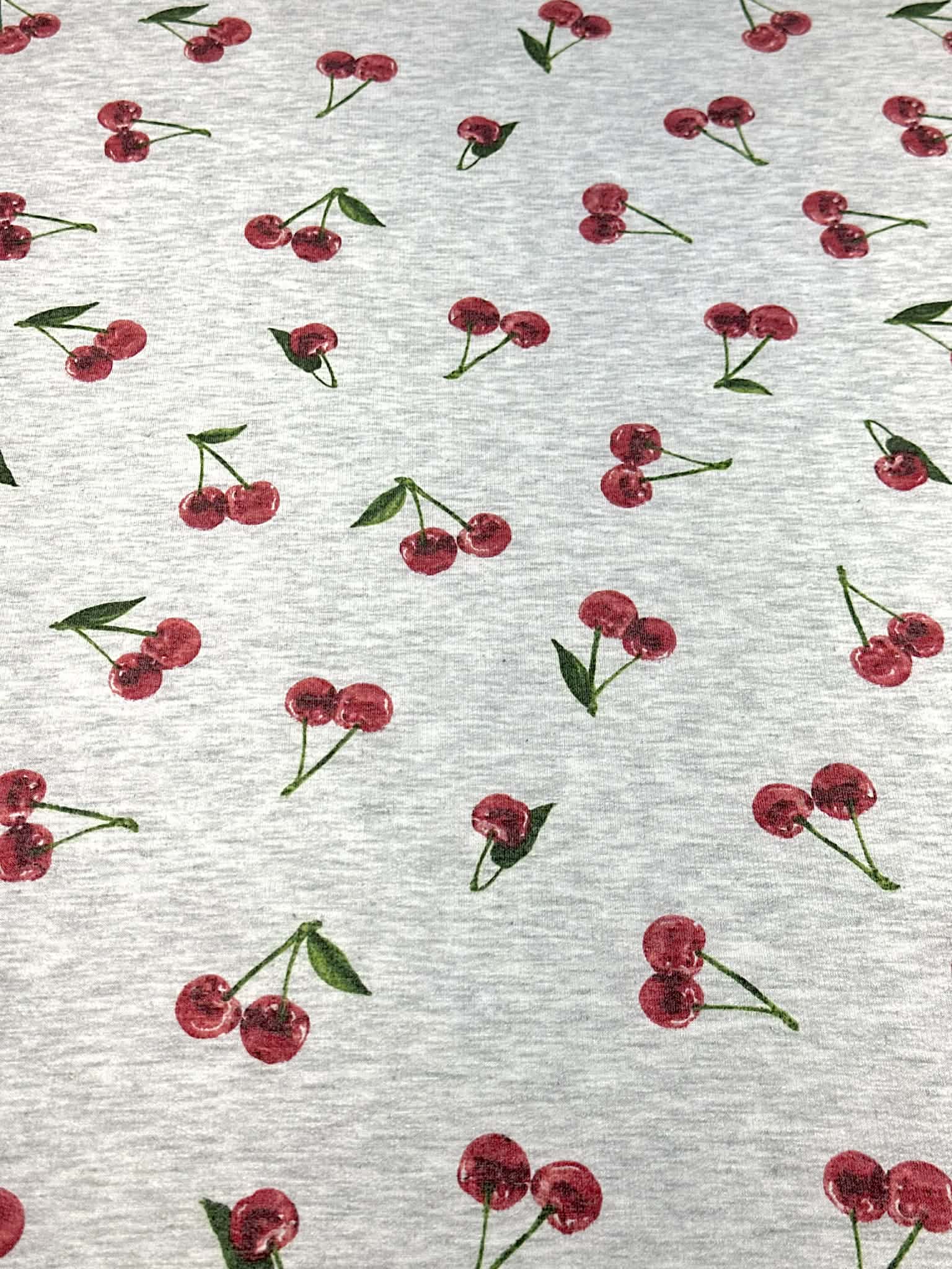 (FRENCH TERRY) RED CHERRIES ON HEATHER GRAY