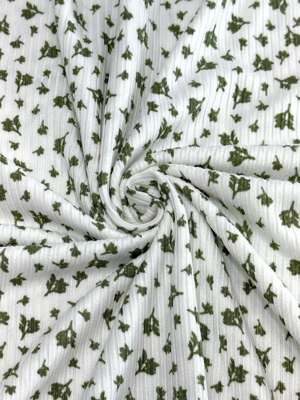 (4X2 YUMMY RIB) TINY OLIVE FLOWERS ON OFF WHITE