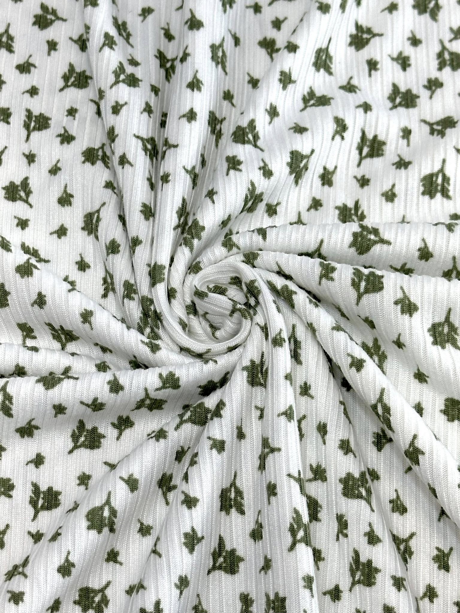 (4X2 YUMMY RIB) TINY OLIVE FLOWERS ON OFF WHITE