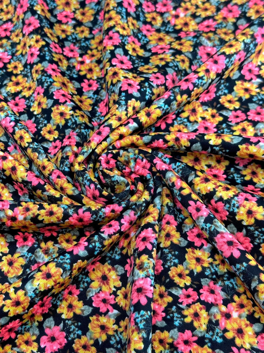 (TECHNO CREPE) BRIGHT PINK AND MUSTARD FLOWERS ON BLACK