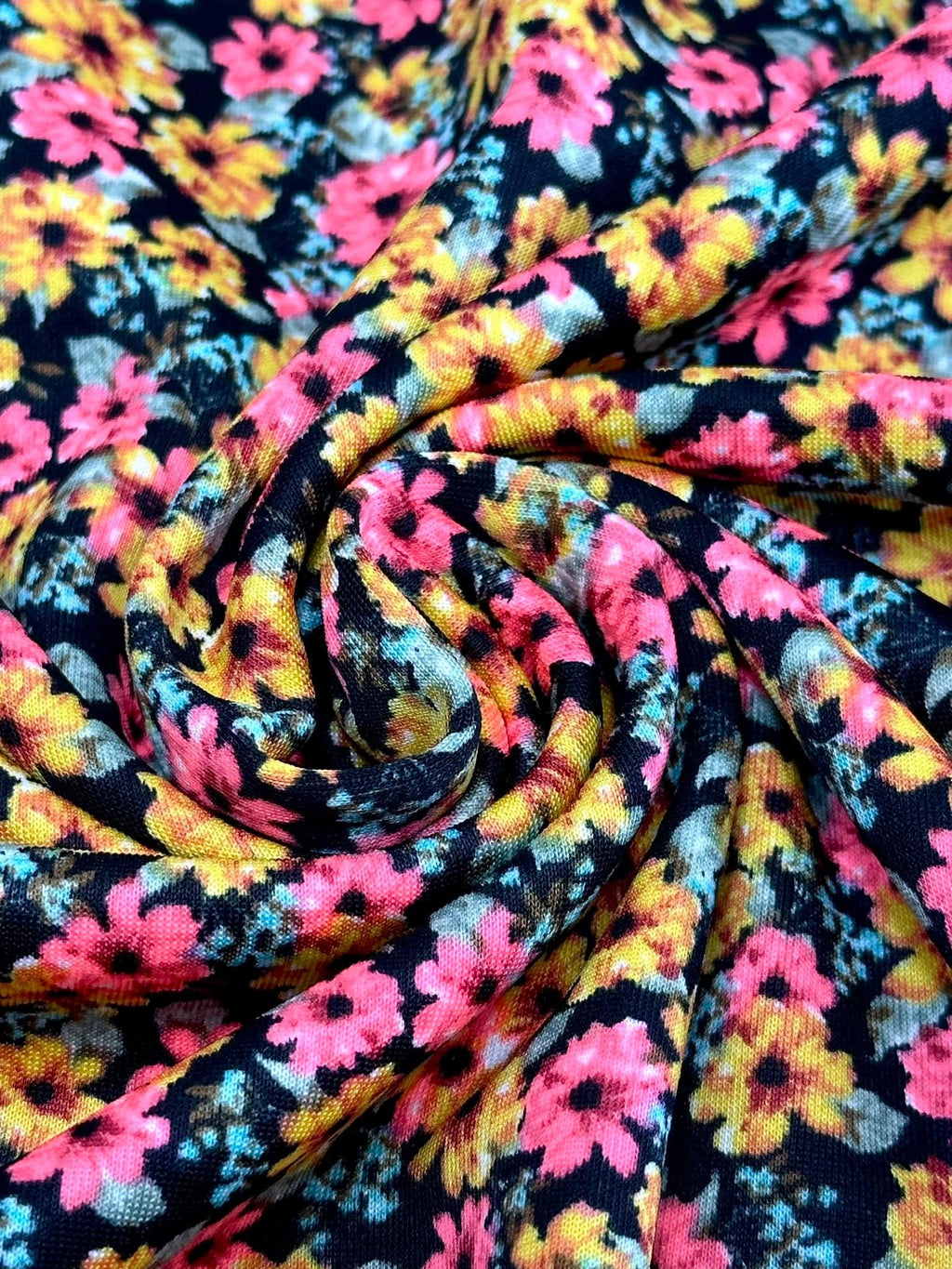 (TECHNO CREPE) BRIGHT PINK AND MUSTARD FLOWERS ON BLACK