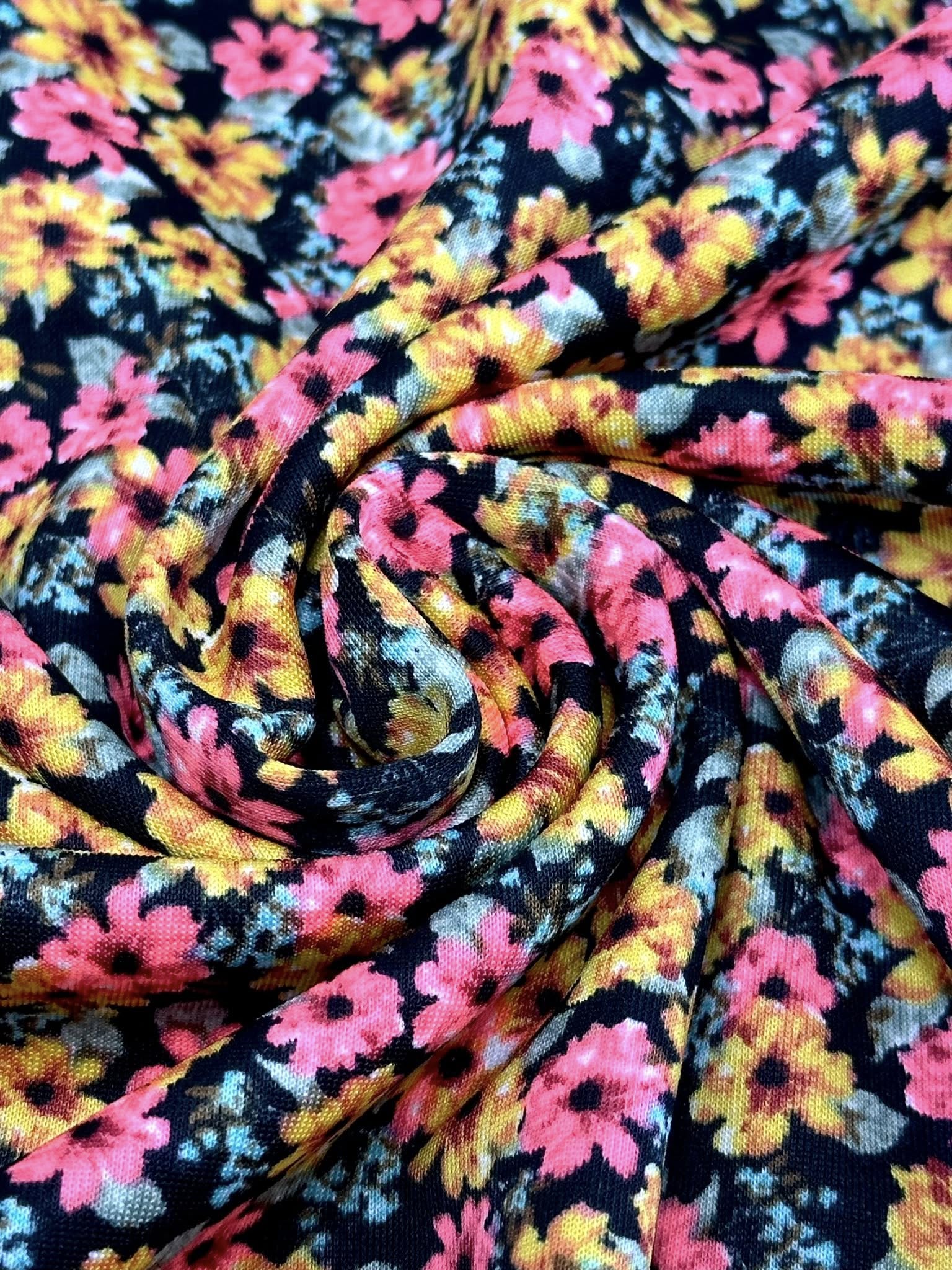 (TECHNO CREPE) BRIGHT PINK AND MUSTARD FLOWERS ON BLACK