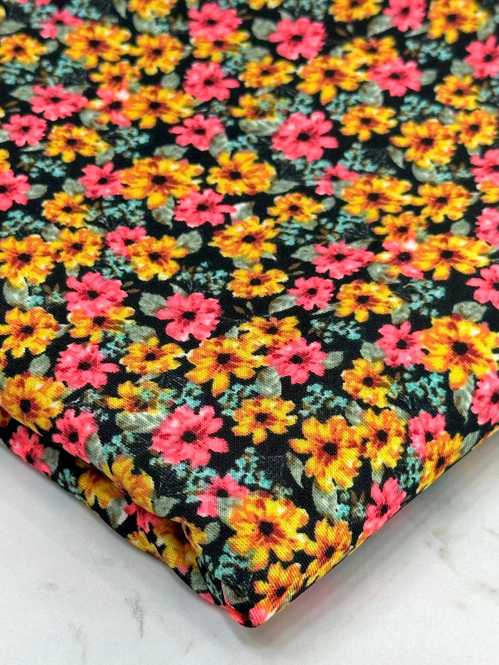 (TECHNO CREPE) BRIGHT PINK AND MUSTARD FLOWERS ON BLACK