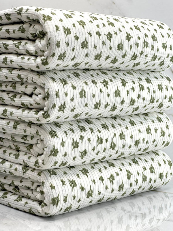 (4X2 YUMMY RIB) TINY OLIVE FLOWERS ON OFF WHITE