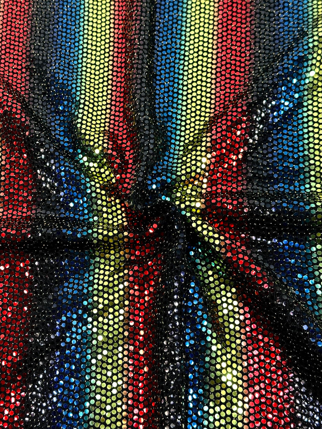 (SEQUIN KNIT) RED, BLACK, BLUE, AND GOLD FAUX DOTS ON BLACK