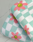 (FRENCH TERRY) LIGHT AQUA CHECKERED WAVE AND PINK HAPPY FACE FLOWERS