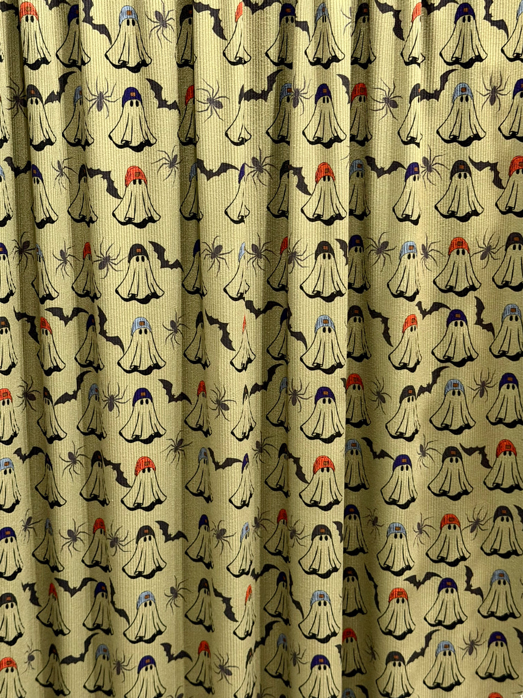 (2X2 YUMMY RIB) GHOSTS IN BEANIES, SPIDERS AND BATS ON OLIVE GREEN