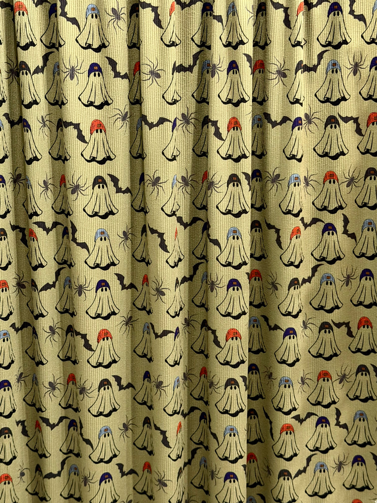 (2X2 YUMMY RIB) GHOSTS IN BEANIES, SPIDERS AND BATS ON OLIVE GREEN