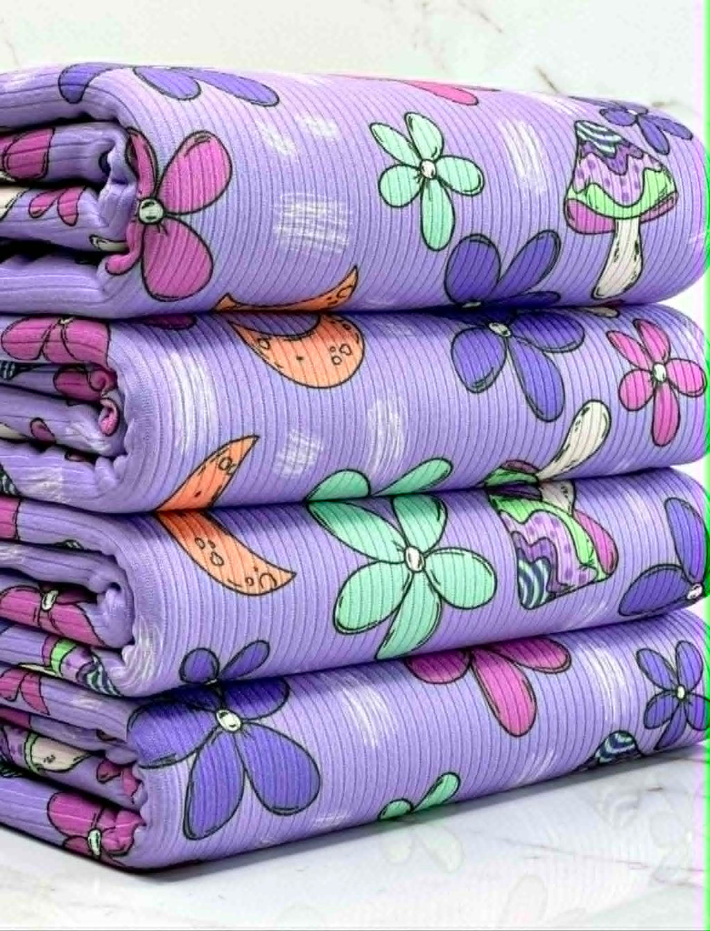 (4X2 YUMMY RIB) MUSHROOMS AND FLOWERS ON  PURPLE