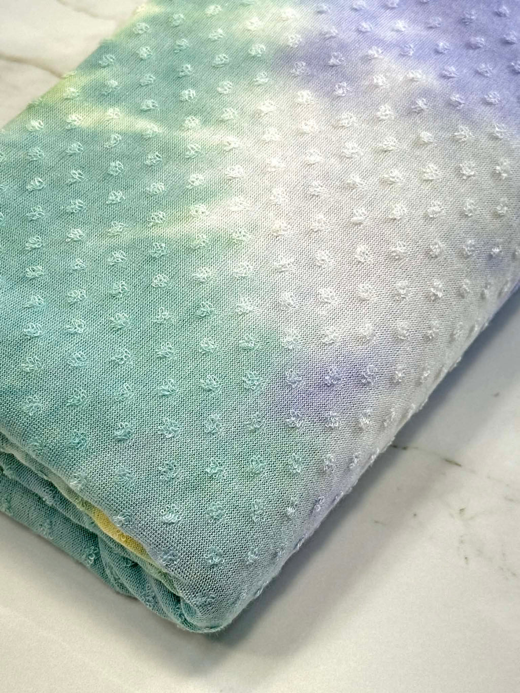 (SWISS DOT) AQUA, YELLOW, PURPLE AND OFF WHITE TIE DYE