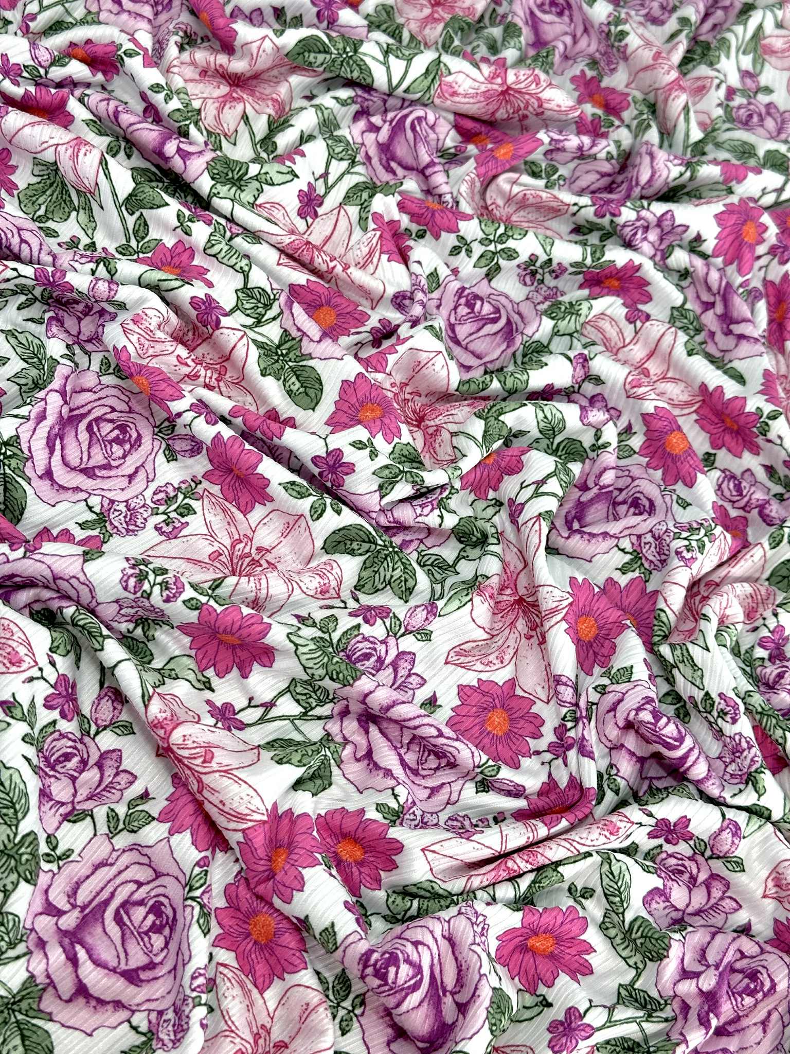 (4X2 RIB) MAGENTA AND PINK HATTIE FLOWERS ON OFF WHITE