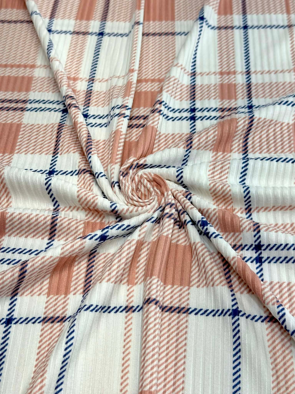 (4X2 YUMMY RIB) DUSTY PINK AND NAVY BLUE PLAID ON OFF WHITE