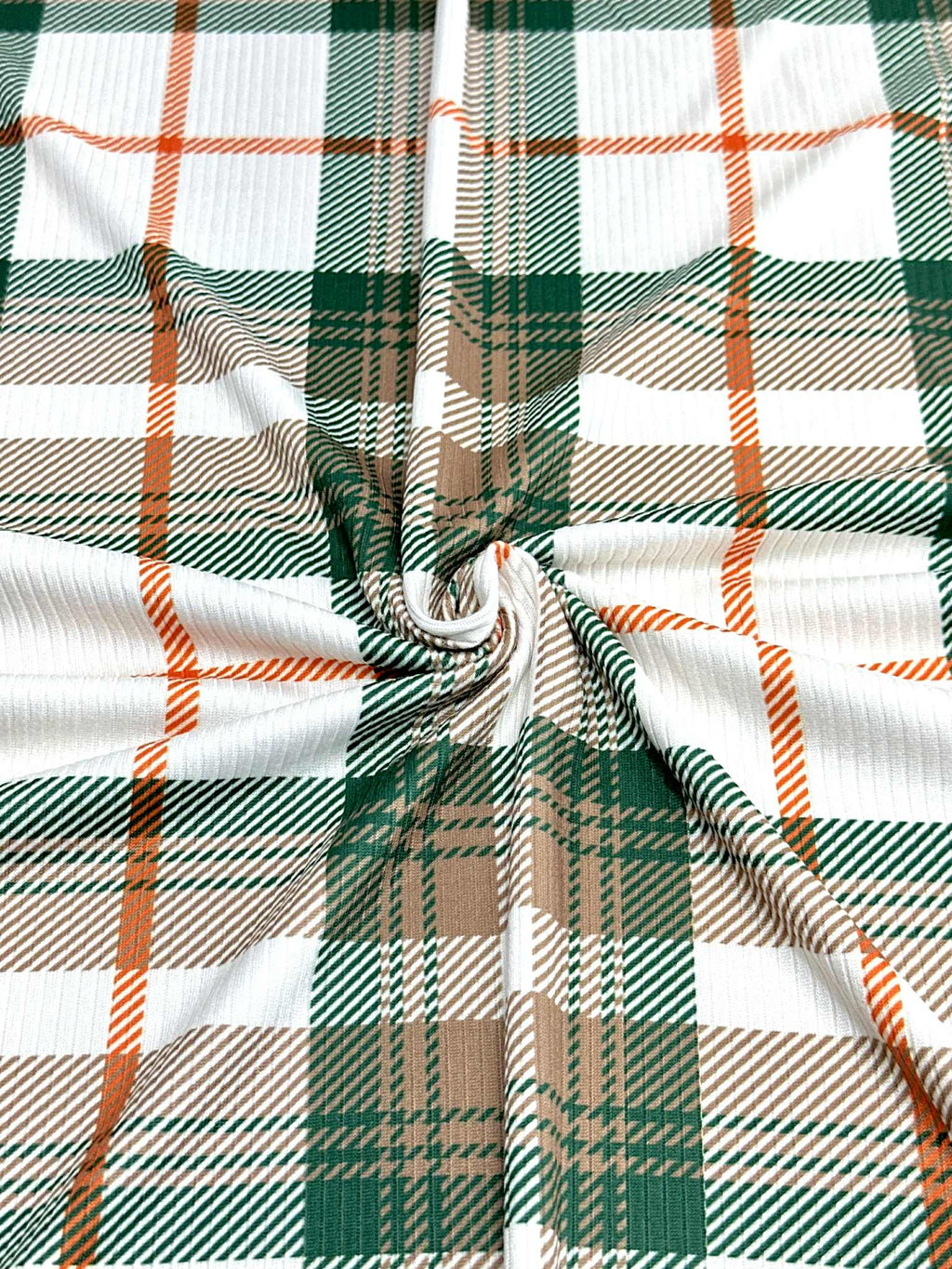 (4X2 RIB) EMERALD, ORANGE, TAN AND OFF WHITE PLAID