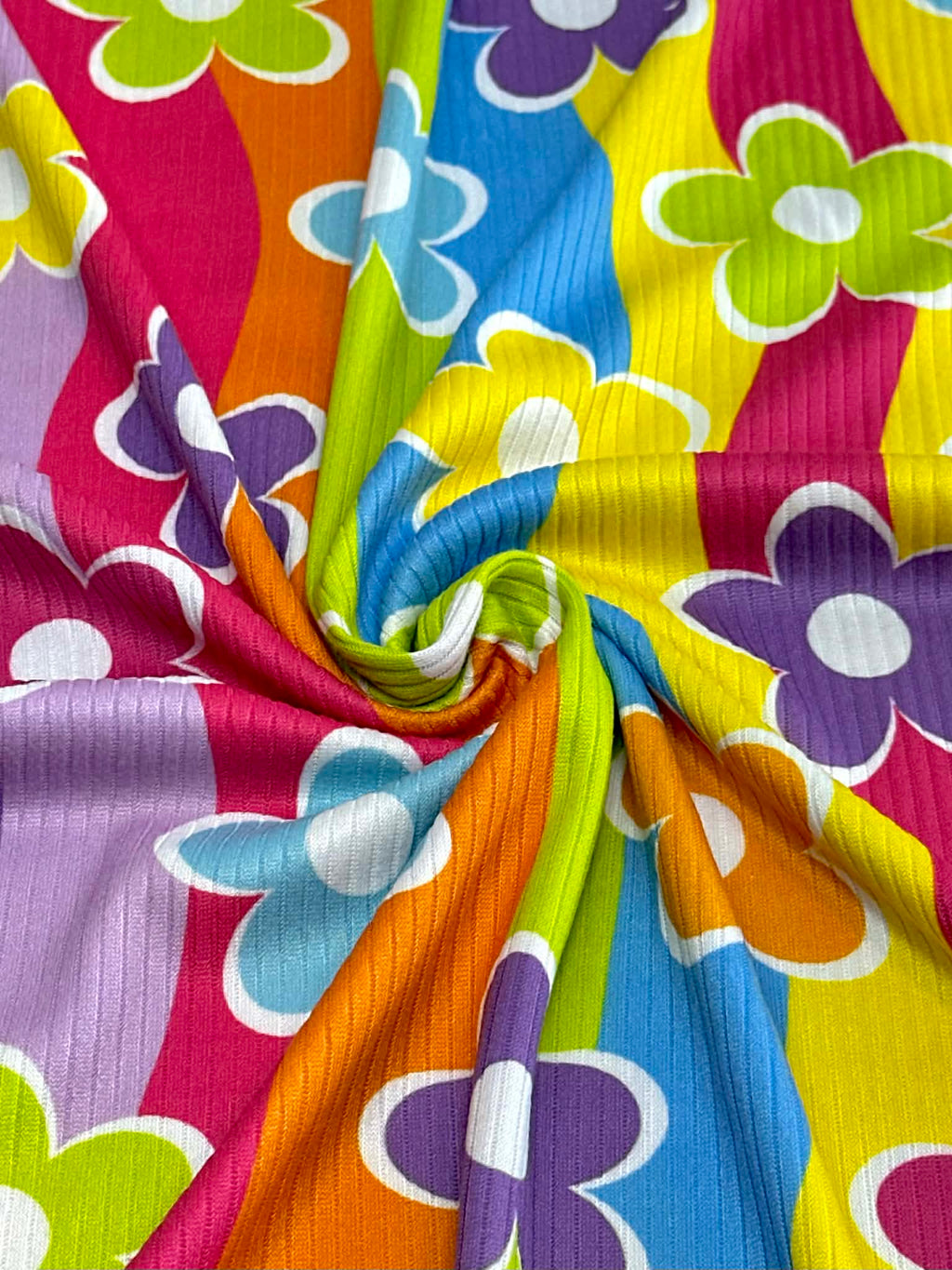 (4X2 YUMMY RIB) BRIGHT COLORFUL FLOWERS ON COLORFUL WAVE