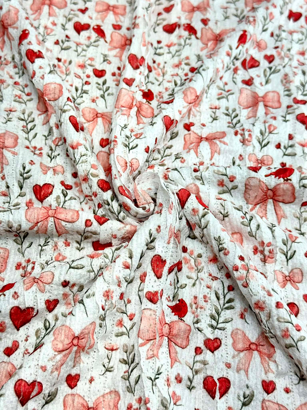 (RUFFLE LACE) HEARTS, BOWS, FLOWERS, AND RED BIRDS ON OFF WHITE