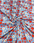 (2X2 YUMMY RIB) RED, DARK CORAL AND OFF WHITE TINY FLOWERS ON BLUE