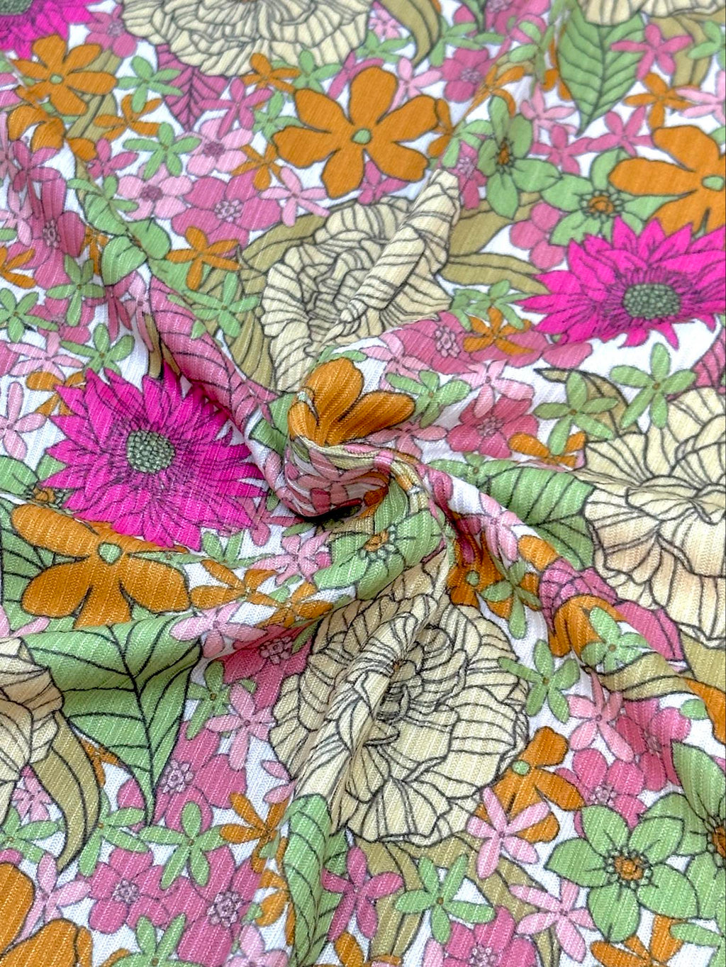(YUMMY RIB) PINK, YELLOW, GREEN, AND ORANGE FLOWERS ON OFF WHITE