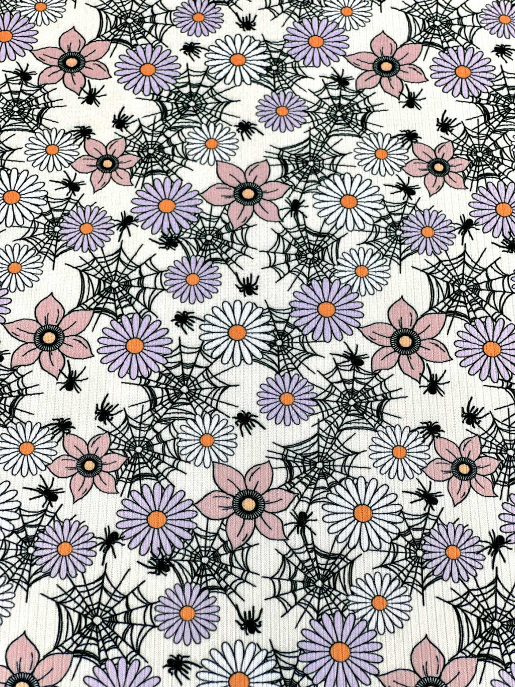 (4X2 RIB) SPIDERWEBS, FLOWERS, AND SPIDERS ON LIGHT CREAM