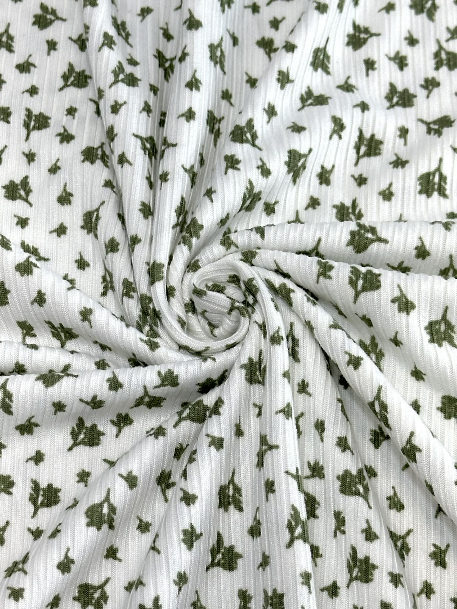 (4X2 YUMMY RIB) TINY OLIVE FLOWERS ON OFF WHITE