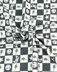 (FRENCH TERRY) DARK GREEN GAMER AND HAPPY FACES CHECKERED PRINT