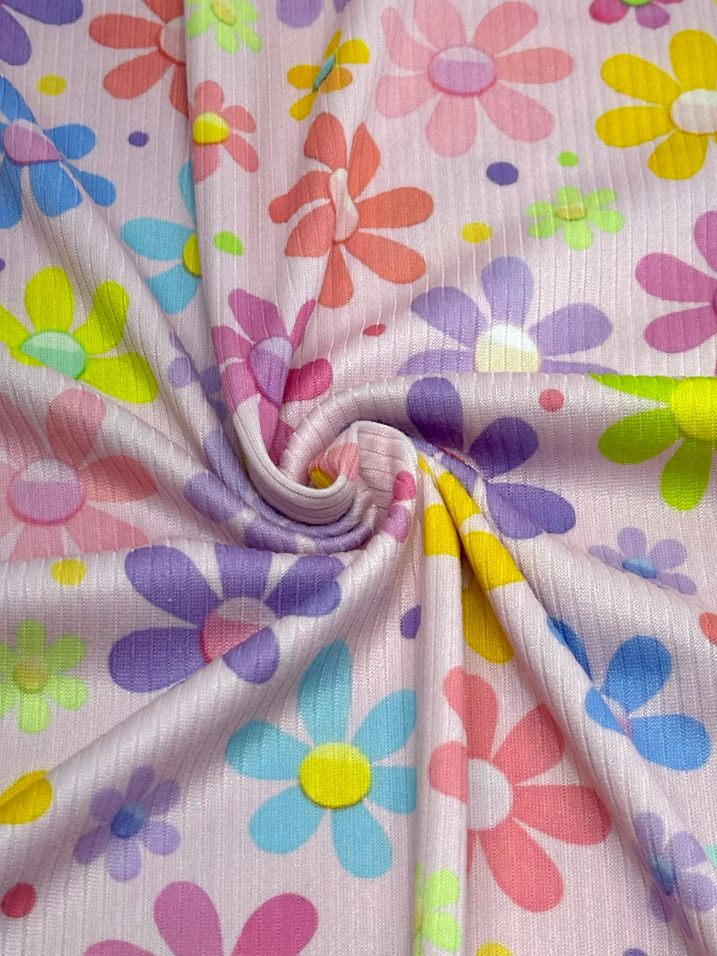 (4X2 YUMMY RIB) COLORFUL FLOWERS AND DOTS ON PINK