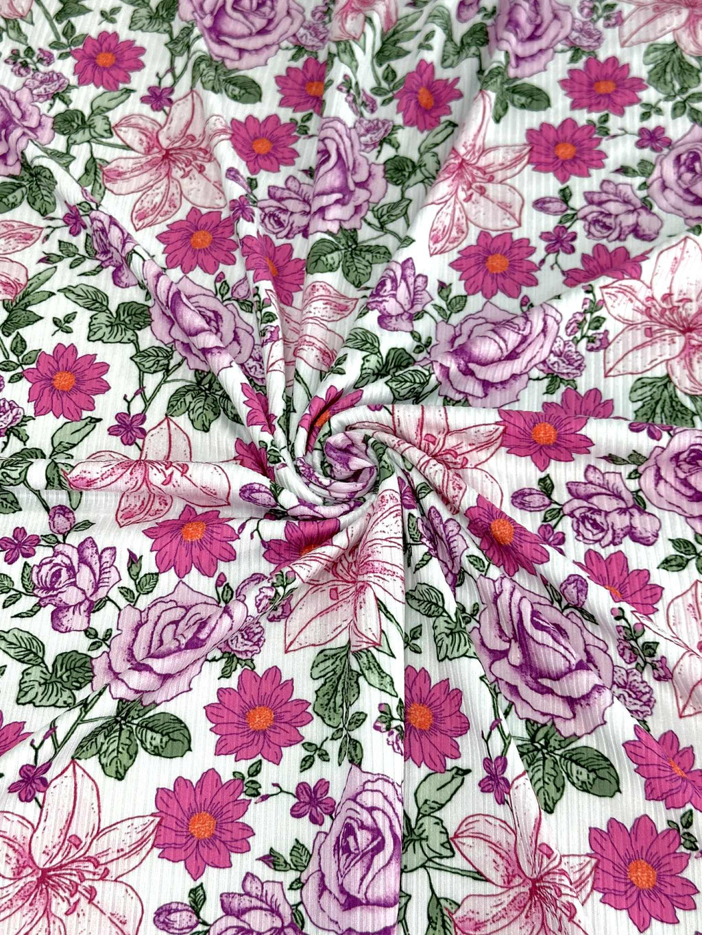 (4X2 RIB) MAGENTA AND PINK HATTIE FLOWERS ON OFF WHITE