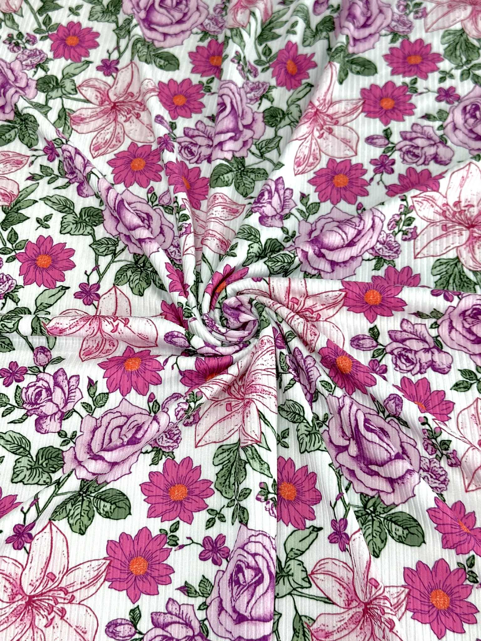 (4X2 RIB) MAGENTA AND PINK HATTIE FLOWERS ON OFF WHITE