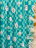 (4X2 YUMMY RIB) HAPPY FACES ON TURQUOISE AND MINT CHECKERED WAVE