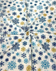 (DBP) BLUE AND GOLD SNOWFLAKES ON OFF WHITE