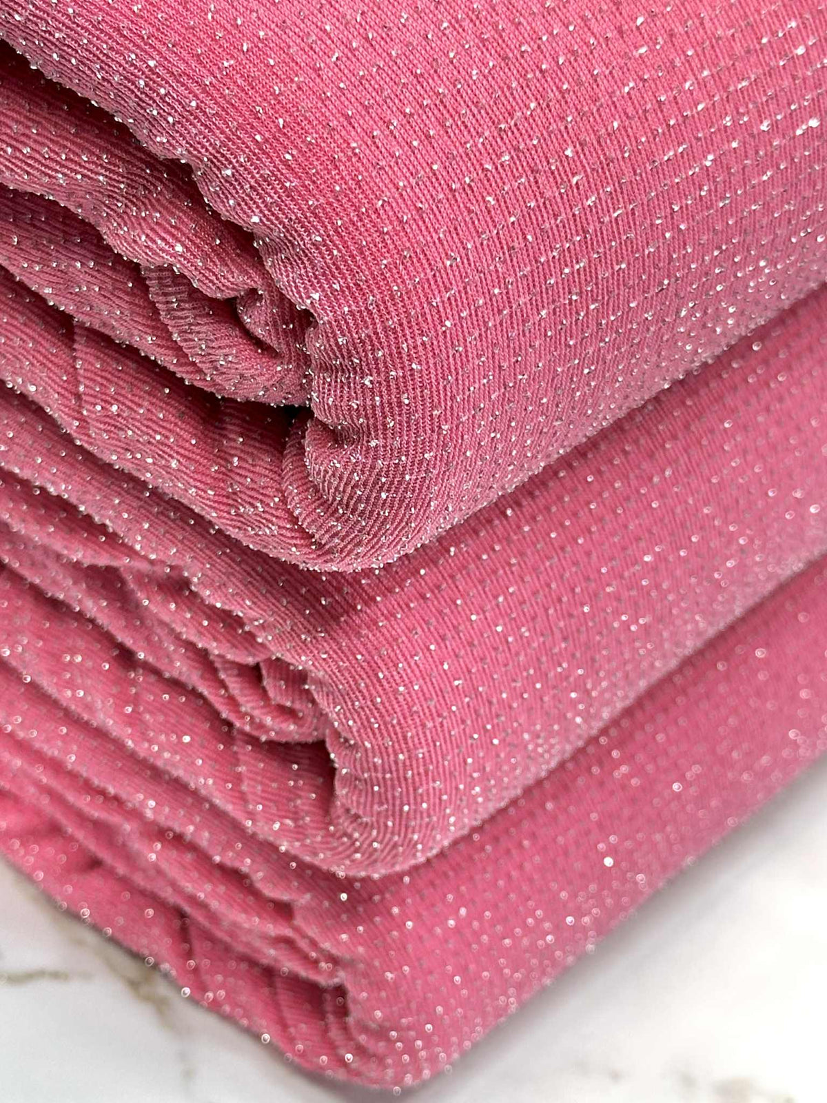 (LUREX NYLON SPANDEX) METALLIC POLKA DOT SILVER SHIMMER ON PINK (1)