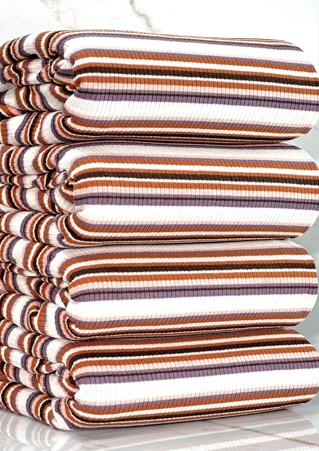 (COTTON RIB) BLUSH, VINTAGE PURPLE, RUST AND BROWN STRIPES ON OFF WHITE