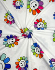 (DBP) HAPPY FACE RAINBOW DAISY FLOWERS ON OFF WHITE