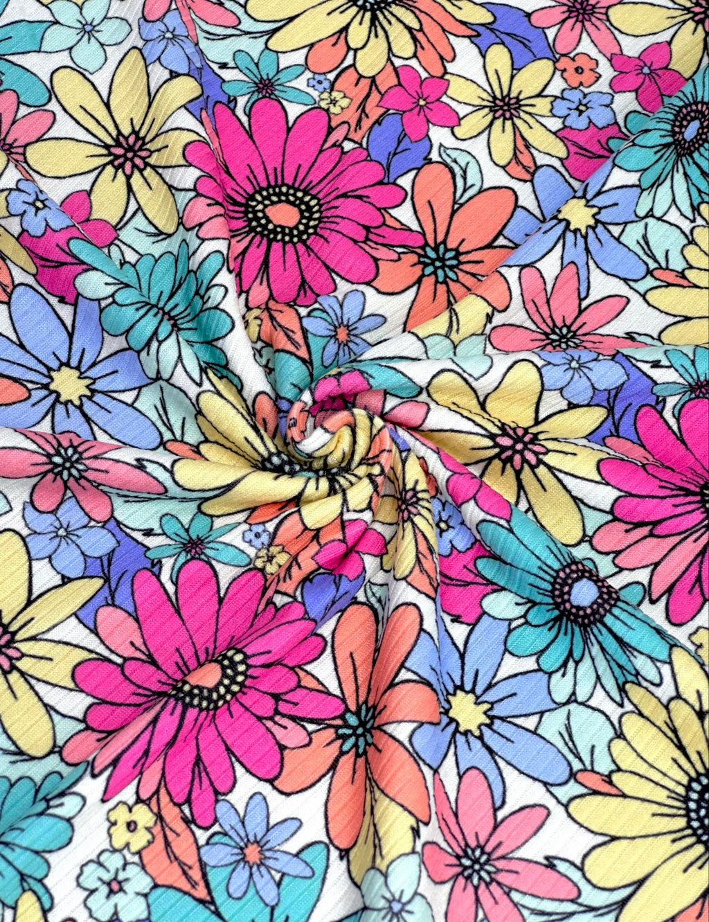 (YUMMY RIB) NEW MINT, LIGHT YELLOW AND FUCHSIA FLOWERS ON WHITE (3)