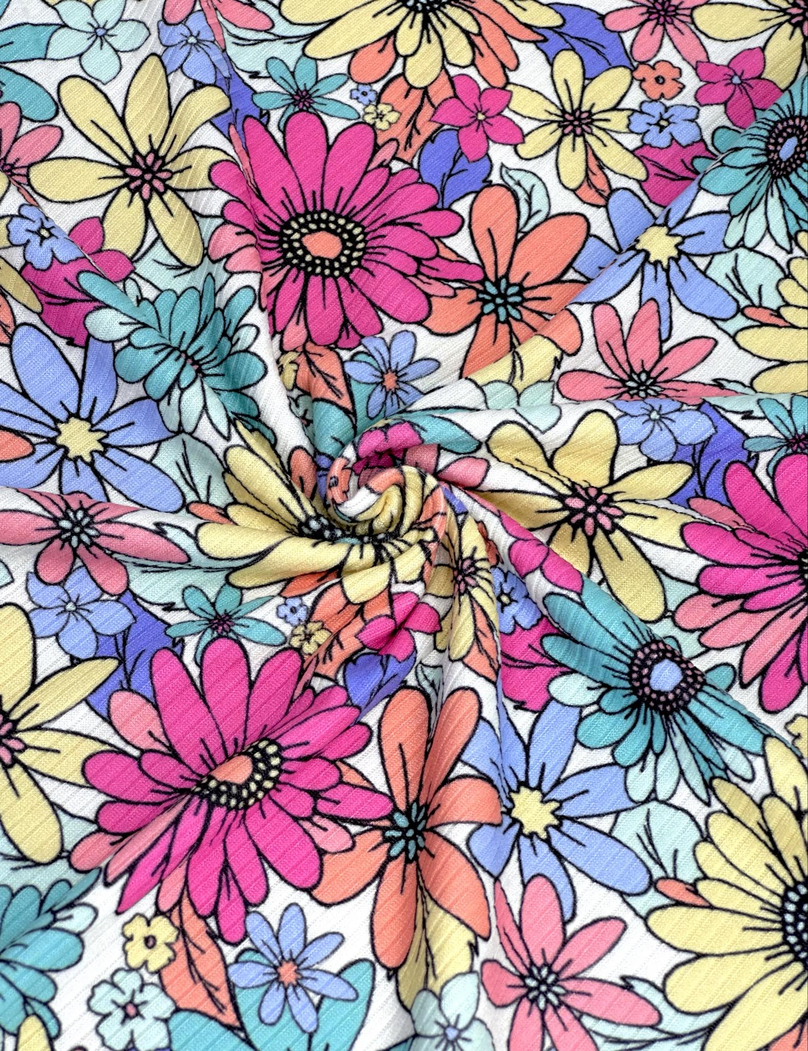 (YUMMY RIB) NEW MINT, LIGHT YELLOW AND FUCHSIA FLOWERS ON WHITE (3)
