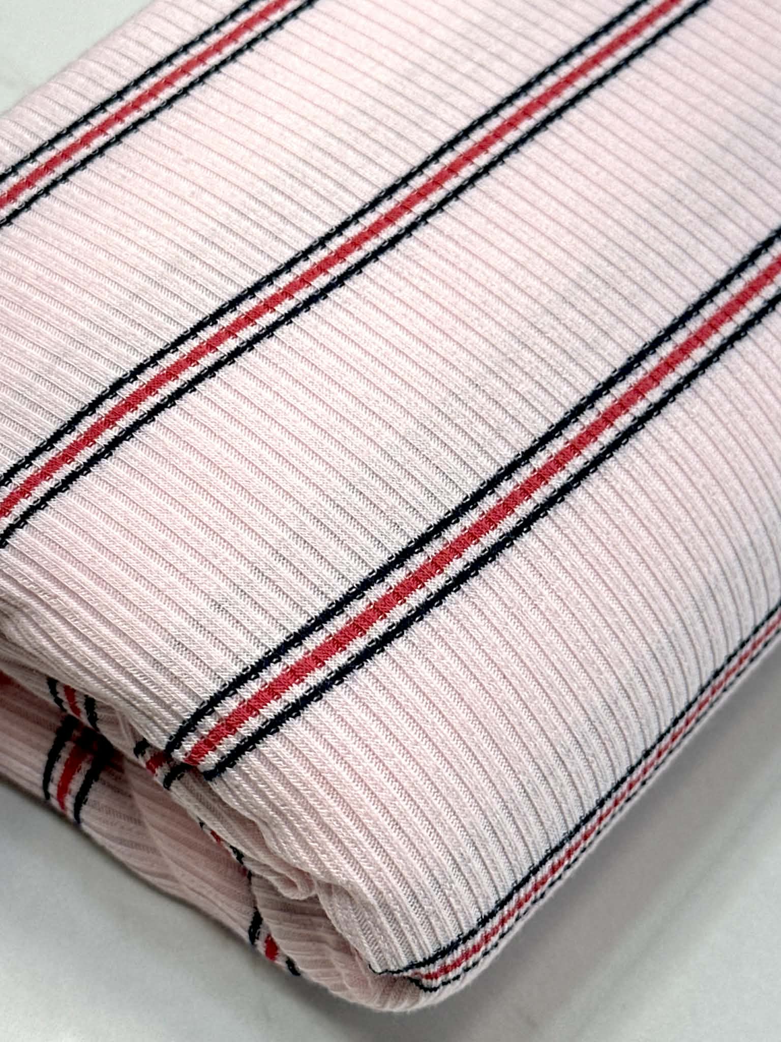 (RIB) BLACK AND RED STRIPES ON POWDER PINK