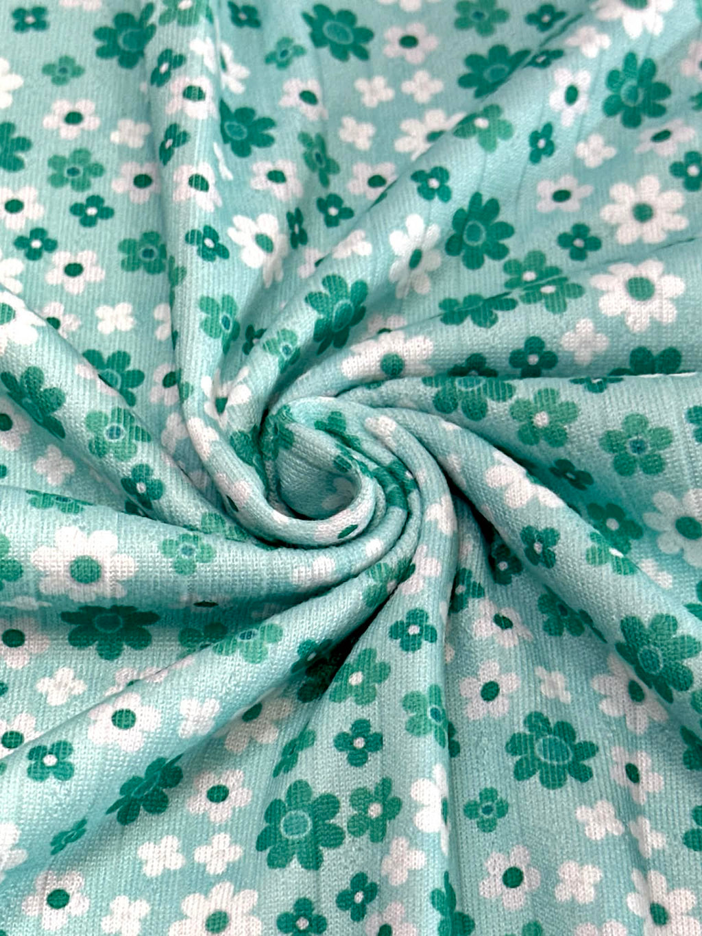 (POINTELLE RIB) TURQUOISE AND OFF WHITE TINY FLOWERS ON AQUA(2)