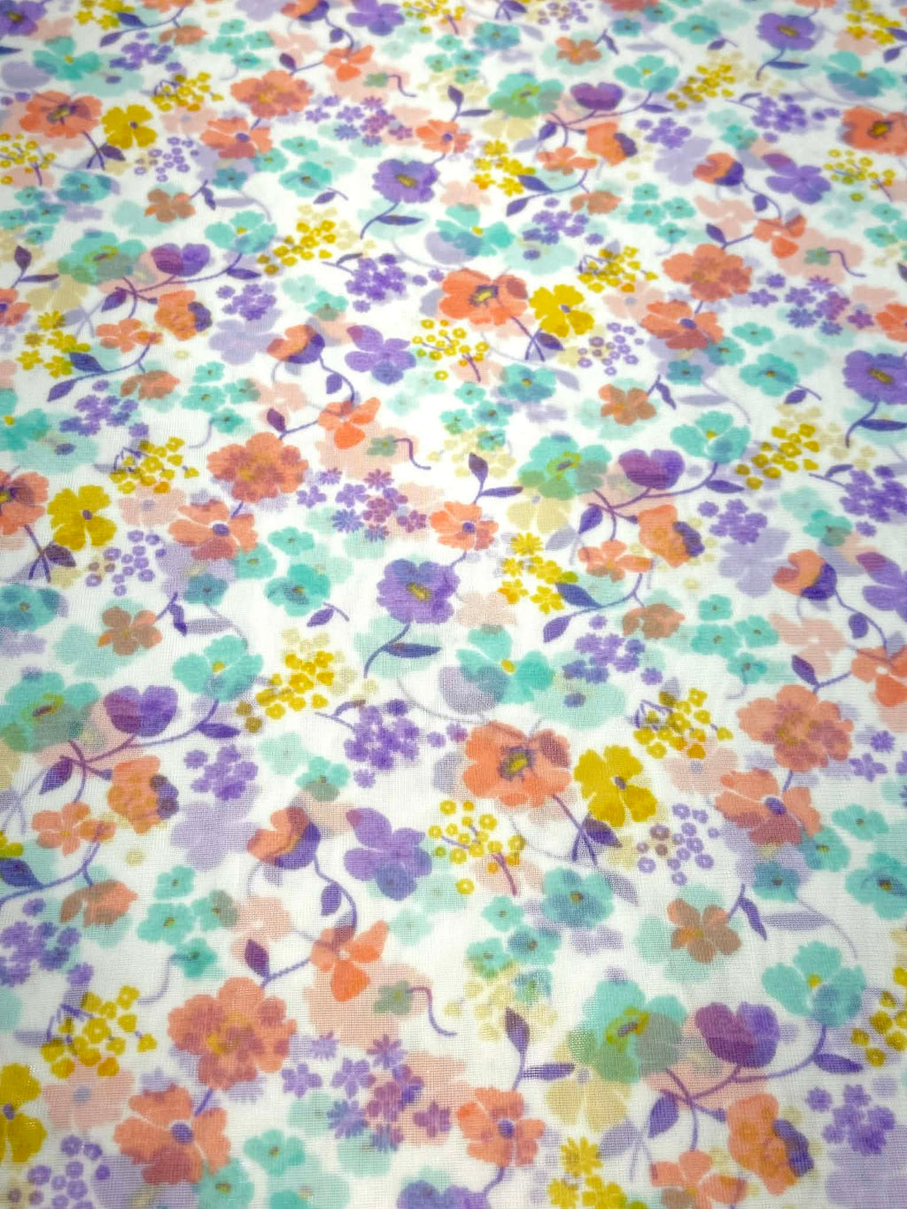 (MESH) MINT, LAVENDER , PEACH, AND YELLOW FLOWERS ON OFF WHITE
