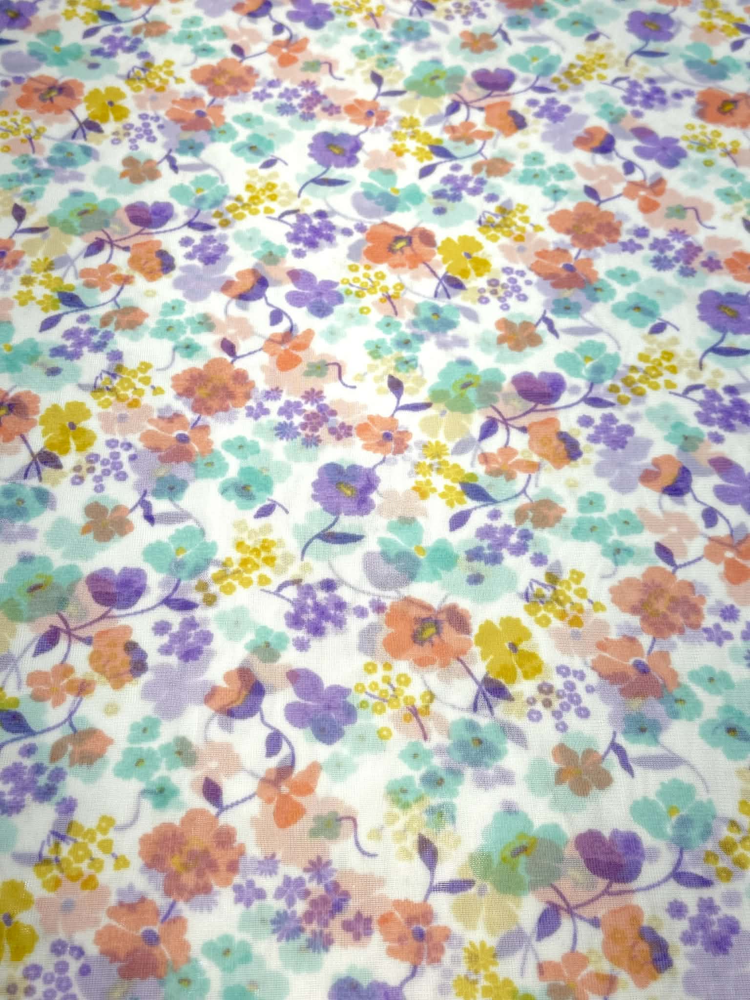 (MESH) MINT, LAVENDER , PEACH, AND YELLOW FLOWERS ON OFF WHITE