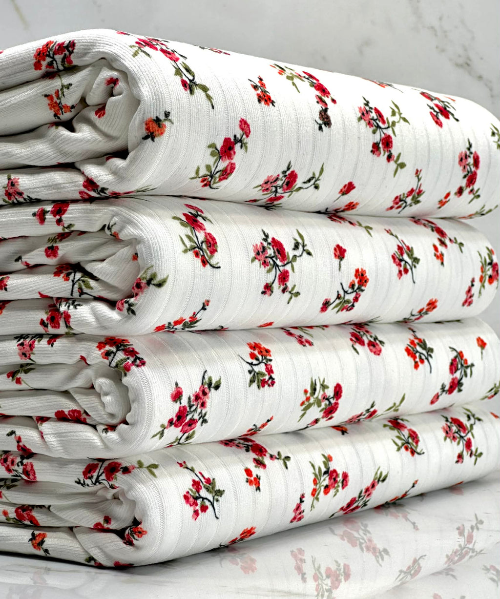 (8X2 RIB) RED FLOWERS ON OFF WHITE