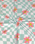 (FRENCH TERRY) LIGHT AQUA CHECKERED WAVE AND PINK HAPPY FACE FLOWERS