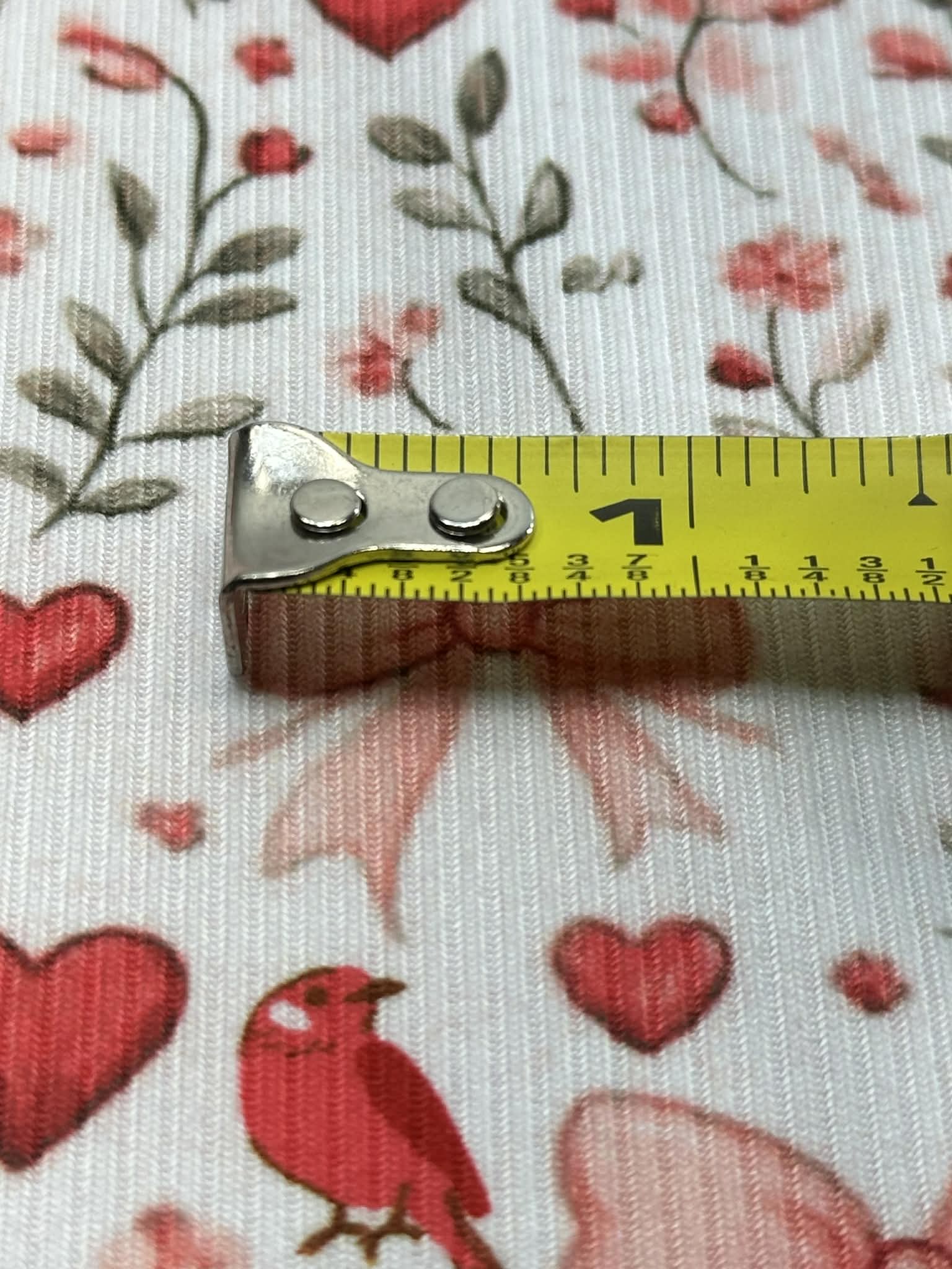 (2X2 BRUSHED RIB) HEARTS, BOWS, FLOWERS, AND RED BIRDS ON OFF WHITE