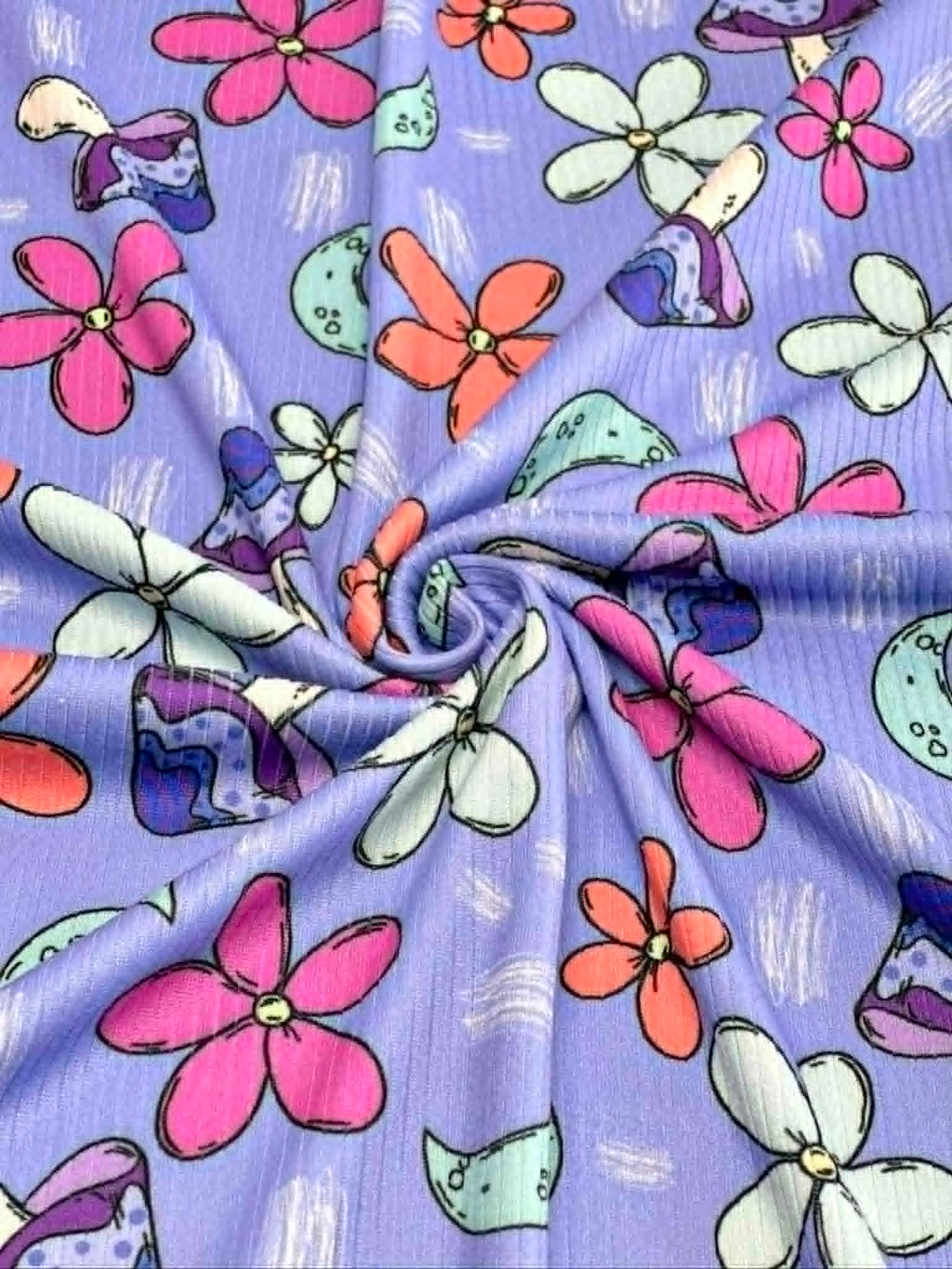 (4X2 YUMMY RIB) MUSHROOMS AND FLOWERS ON BLUE