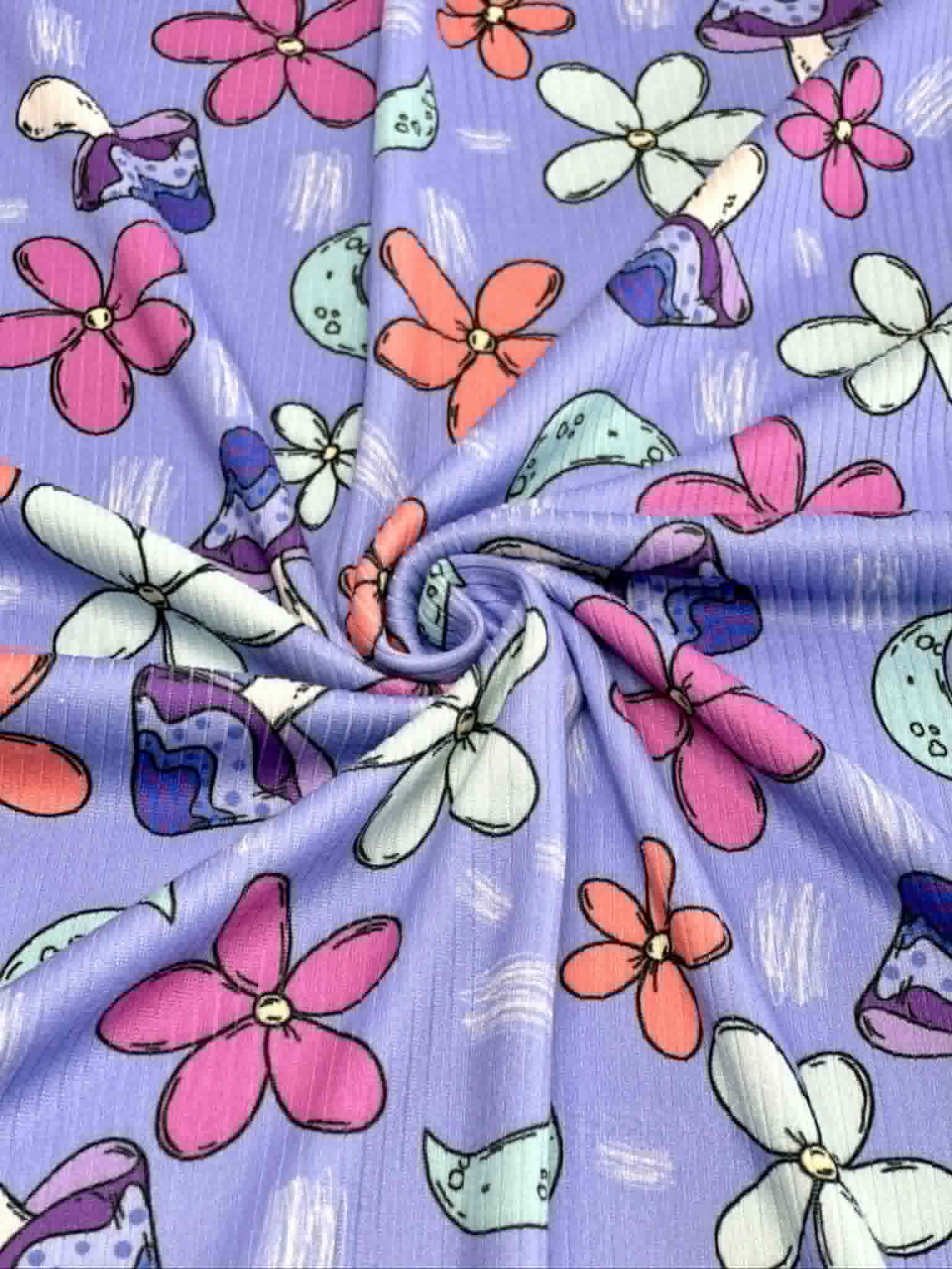 (4X2 YUMMY RIB) MUSHROOMS AND FLOWERS ON BLUE