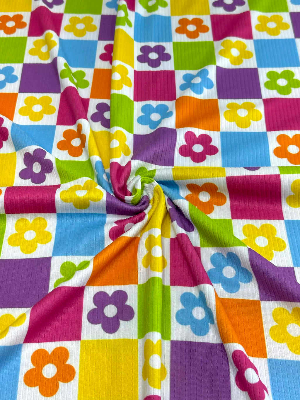 (4X2 YUMMY RIB) MEDIUM BRIGHT COLORFUL FLOWERS AND CHECKERED PATTERN (3)