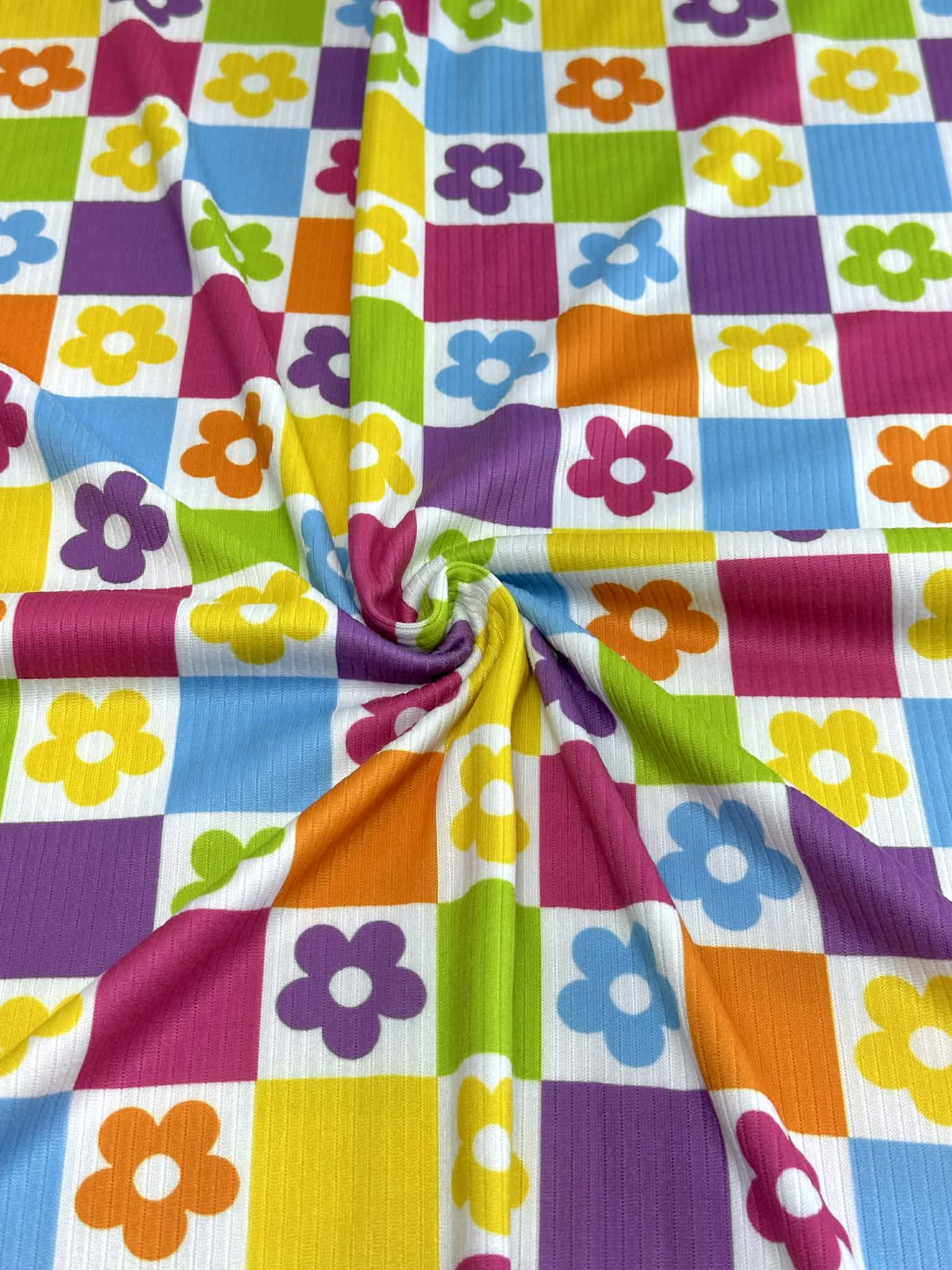 (4X2 YUMMY RIB) MEDIUM BRIGHT COLORFUL FLOWERS AND CHECKERED PATTERN (3)